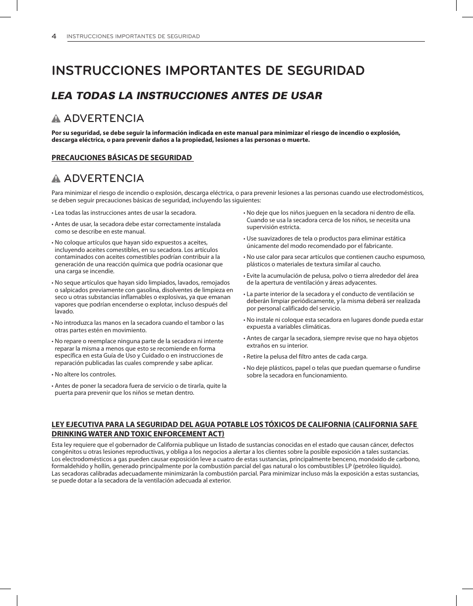 Instrucciones importantes de seguridad, Advertencia, Lea todas la instrucciones antes de usar w | LG DLGX8001V User Manual | Page 52 / 100
