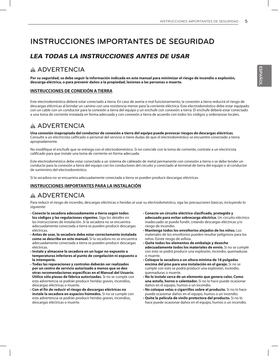 Instrucciones importantes de seguridad, Advertencia, Lea todas la instrucciones antes de usar w | LG DLGX8001V User Manual | Page 53 / 100