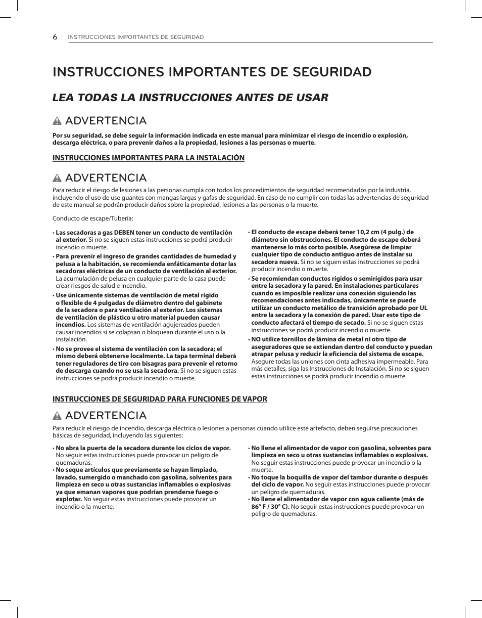 Instrucciones importantes de seguridad, Advertencia, Lea todas la instrucciones antes de usar w | LG DLGX8001V User Manual | Page 54 / 100