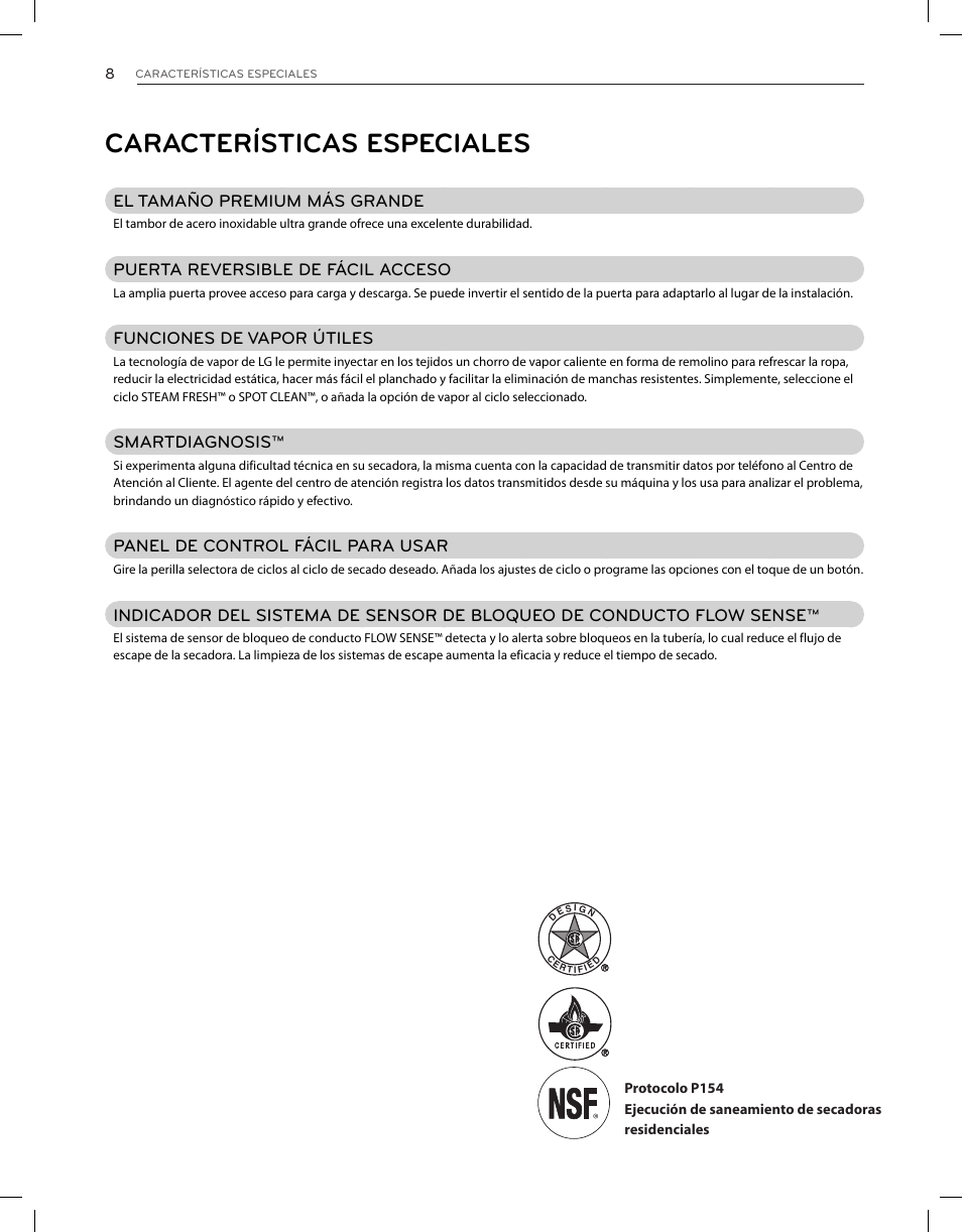 Características especiales | LG DLGX8001V User Manual | Page 56 / 100