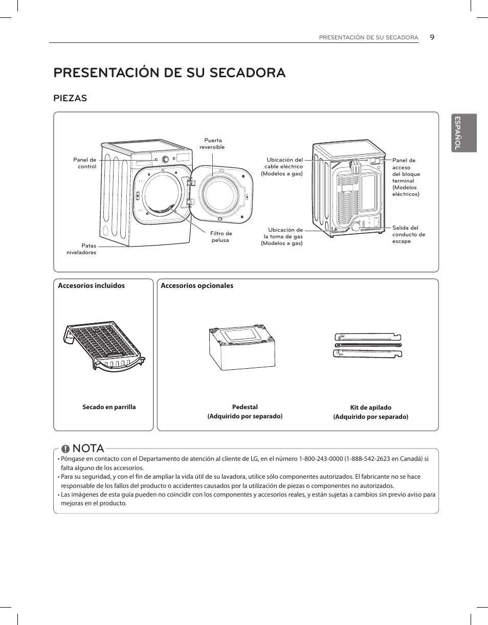 Presentación de su secadora, Nota, Piezas | LG DLGX8001V User Manual | Page 57 / 100