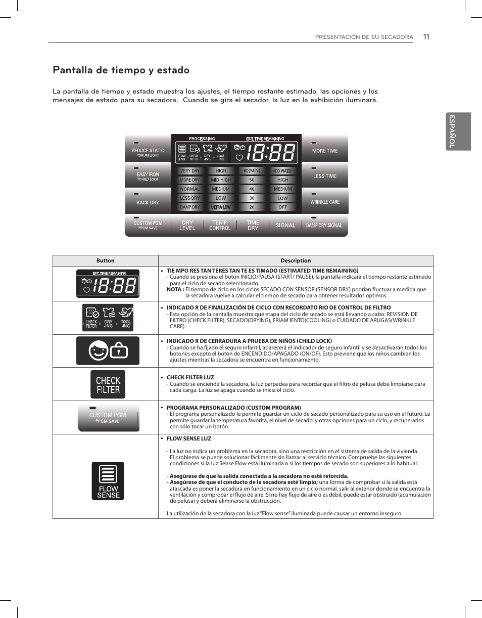 Pantalla de tiempo y estado | LG DLGX8001V User Manual | Page 59 / 100