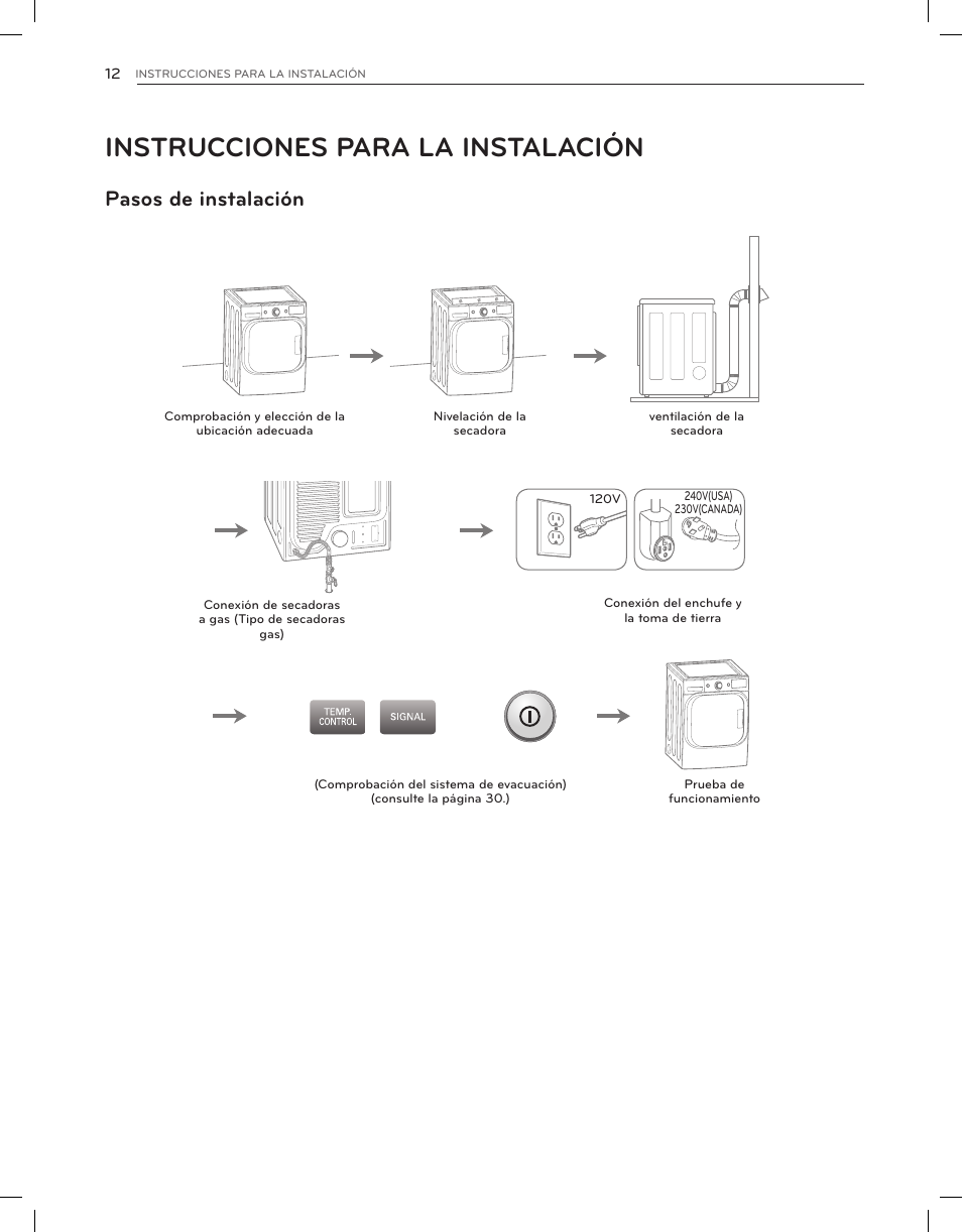Instrucciones para la instalación, Pasos de instalación | LG DLGX8001V User Manual | Page 60 / 100