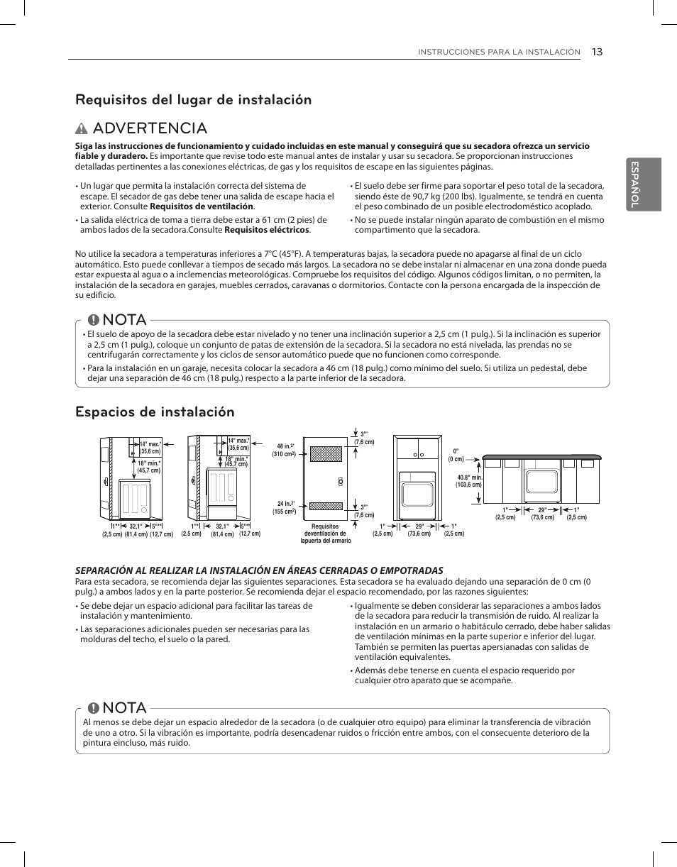 Advertencia, Nota, Requisitos del lugar de instalación | Espacios de instalación, Es pa ñ ol | LG DLGX8001V User Manual | Page 61 / 100