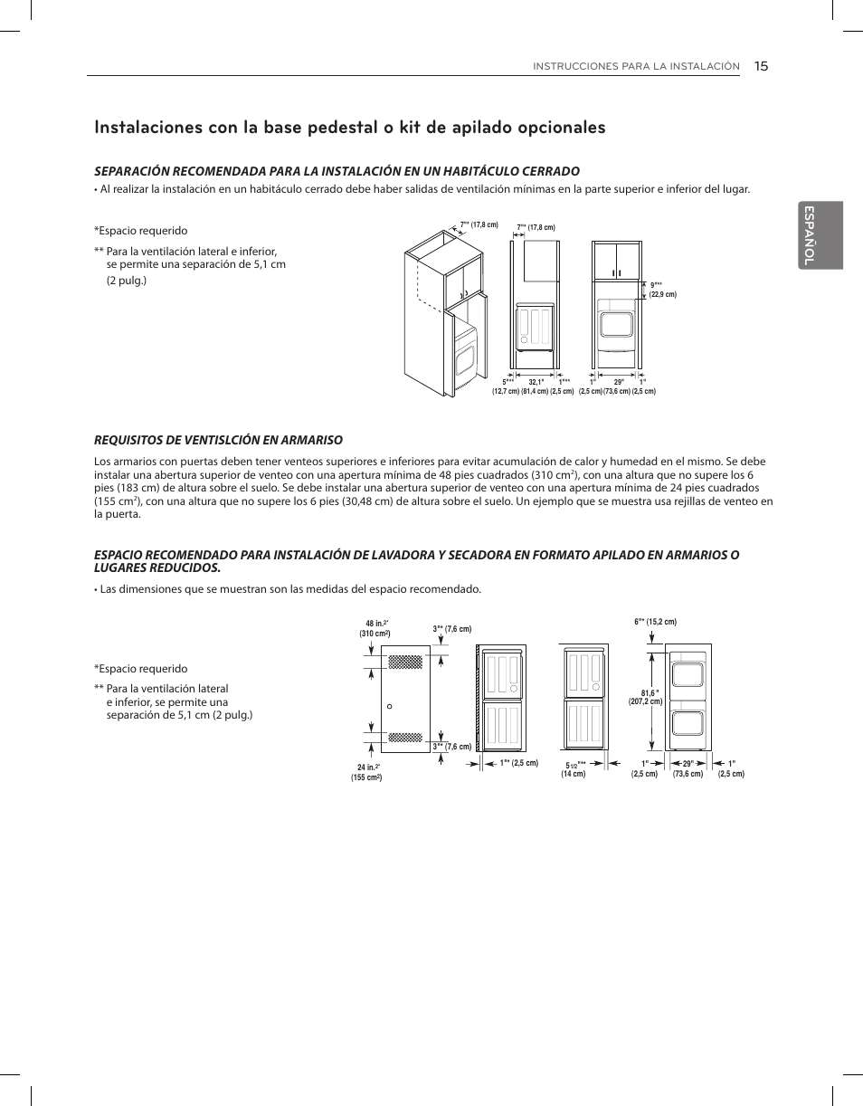 Es pa ñ ol, Requisitos de ventislción en armariso | LG DLGX8001V User Manual | Page 63 / 100