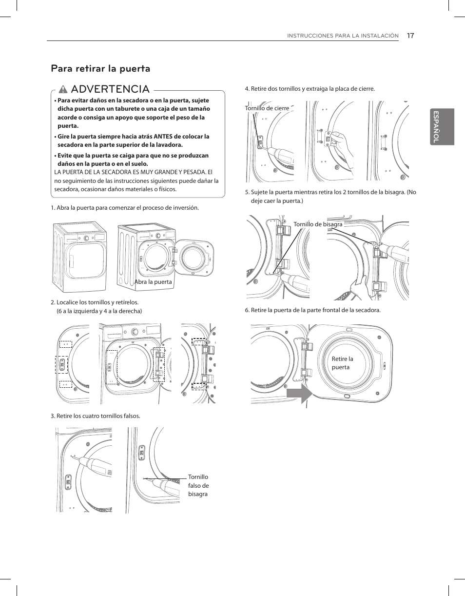 Advertencia, Para retirar la puerta | LG DLGX8001V User Manual | Page 65 / 100