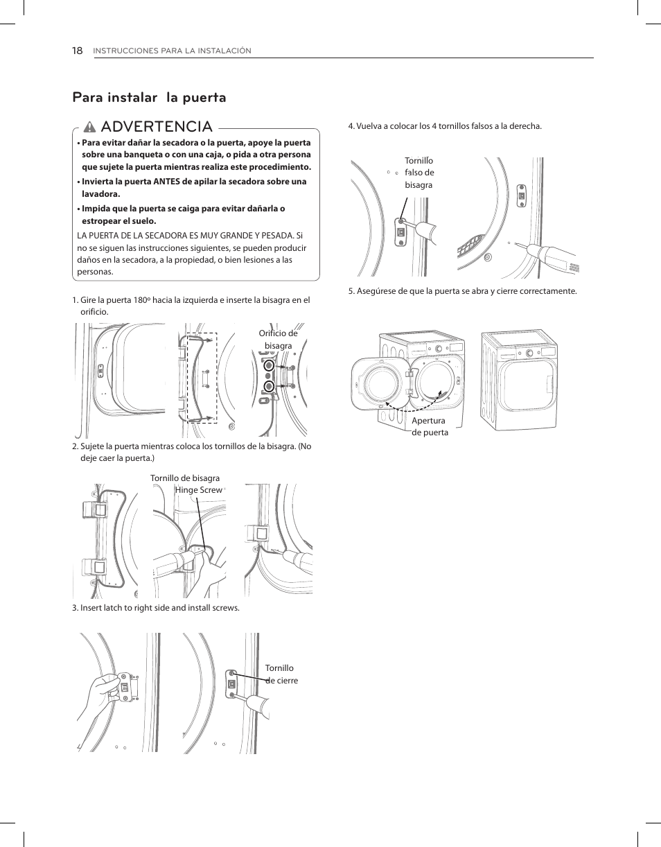 Advertencia, Para instalar la puerta | LG DLGX8001V User Manual | Page 66 / 100