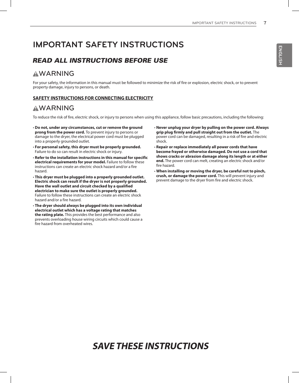 Save these instructions, Important safety instructions, Warning | Read all instructions before use w | LG DLGX8001V User Manual | Page 7 / 100