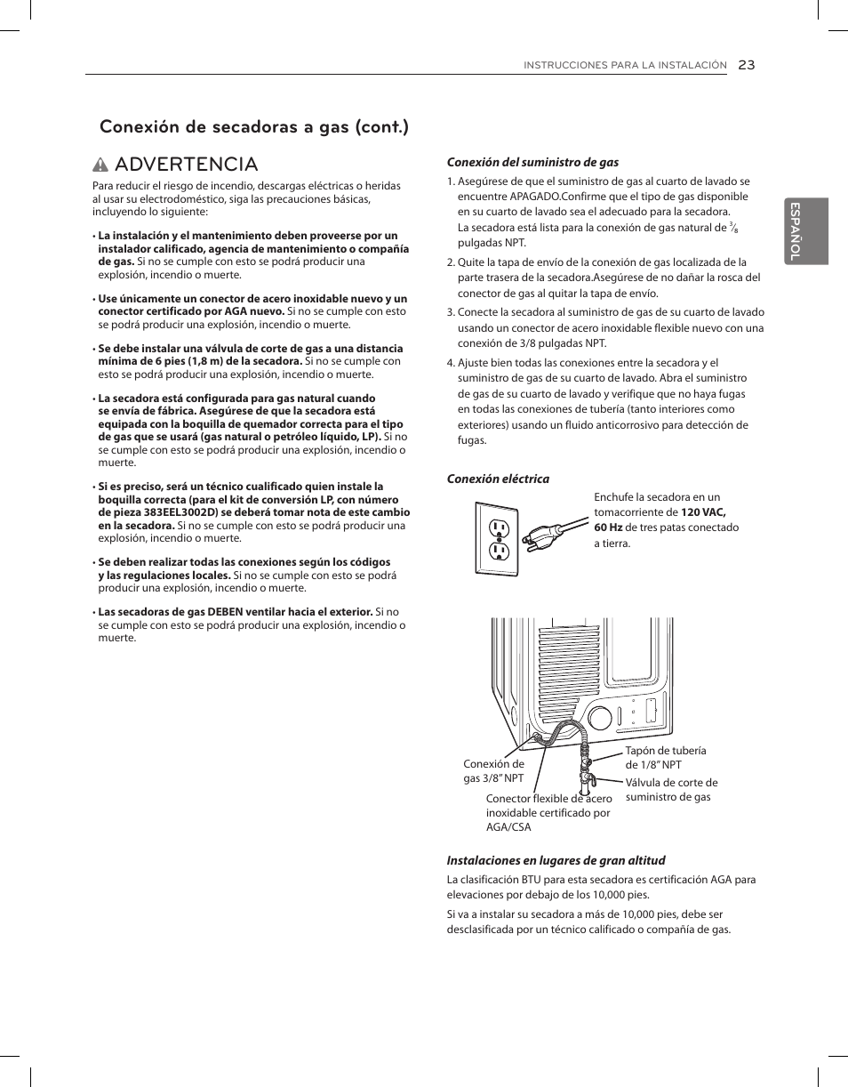 Advertencia, Conexión de secadoras a gas (cont.) | LG DLGX8001V User Manual | Page 71 / 100