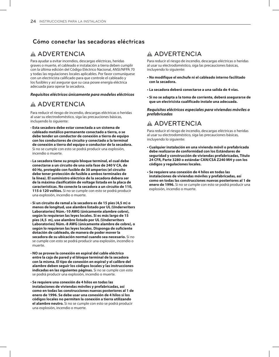 Advertencia, Cómo conectar las secadoras eléctricas | LG DLGX8001V User Manual | Page 72 / 100
