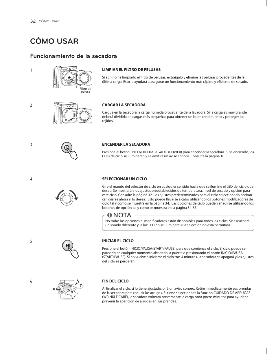 Cómo usar, Nota, Funcionamiento de la secadora | LG DLGX8001V User Manual | Page 80 / 100