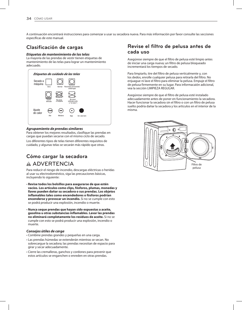 Advertencia, Revise el filtro de pelusa antes de cada uso, Clasificación de cargas | Cómo cargar la secadora | LG DLGX8001V User Manual | Page 82 / 100