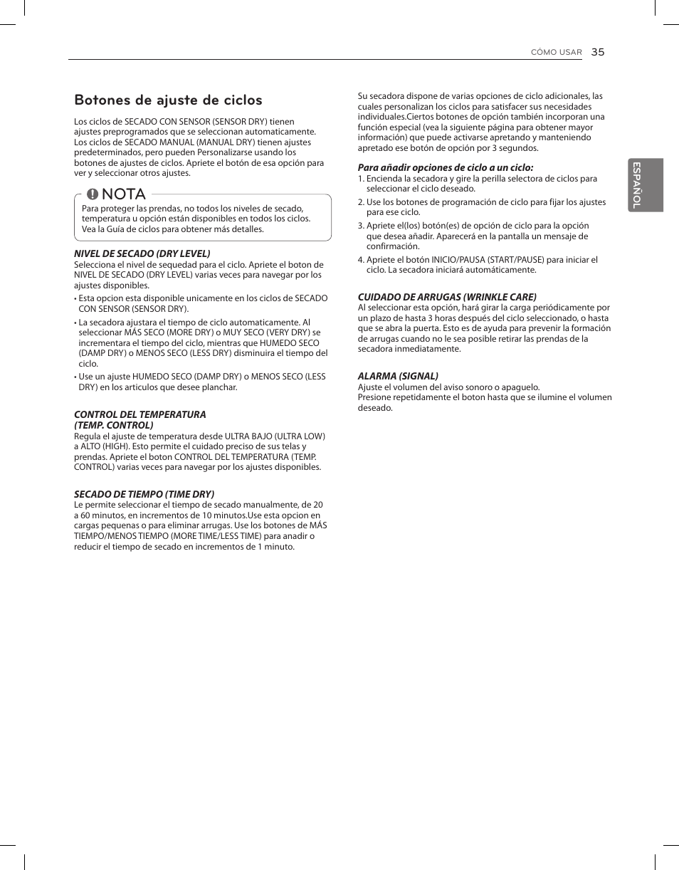 Nota, Botones de ajuste de ciclos | LG DLGX8001V User Manual | Page 83 / 100