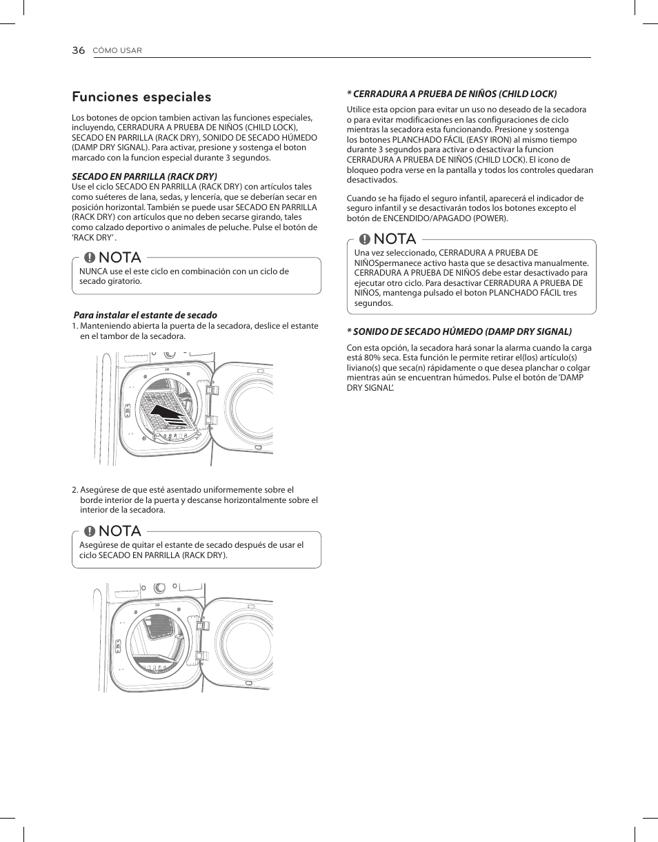 Nota, Funciones especiales | LG DLGX8001V User Manual | Page 84 / 100