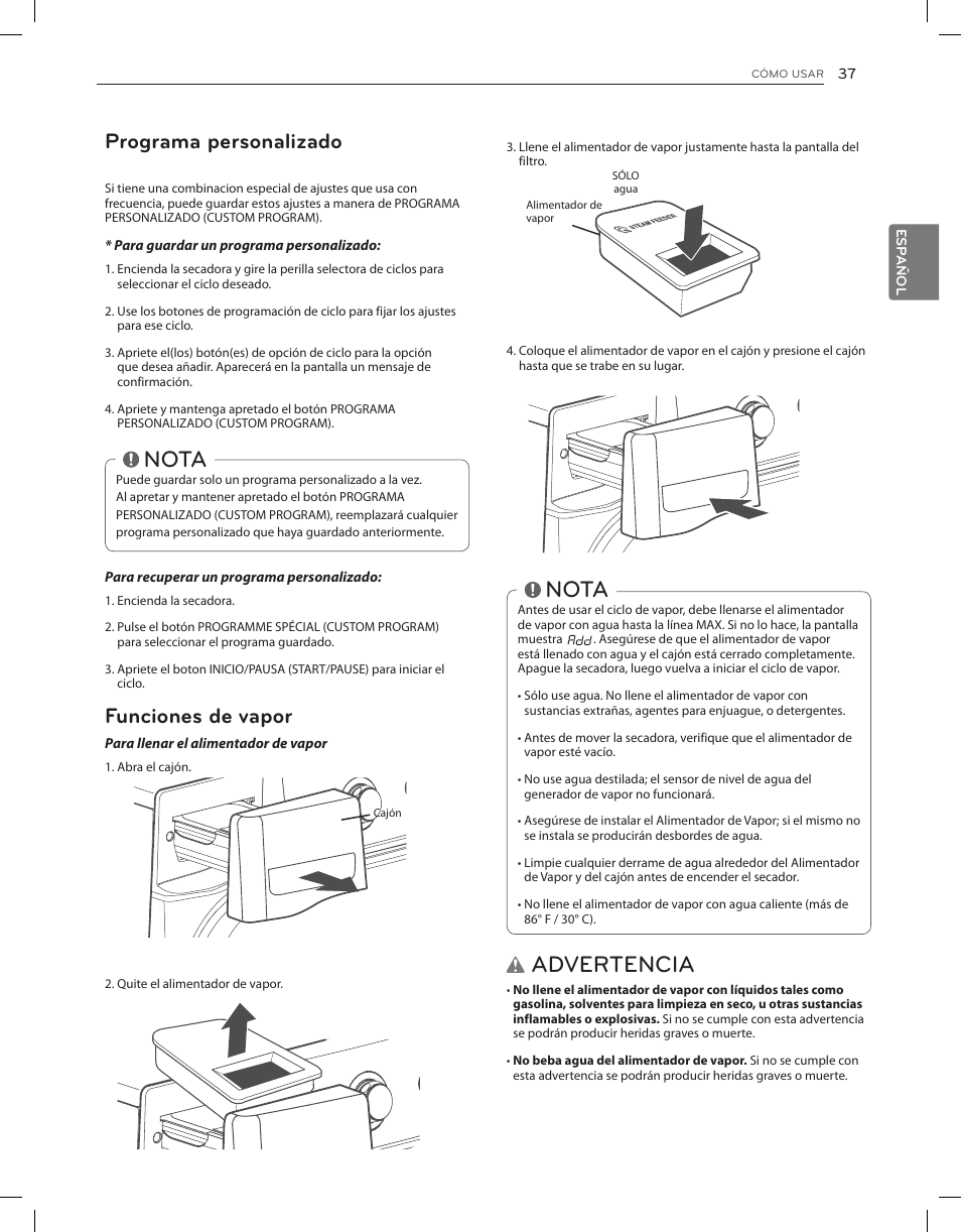 Advertencia, Nota, Funciones de vapor | Programa personalizado | LG DLGX8001V User Manual | Page 85 / 100