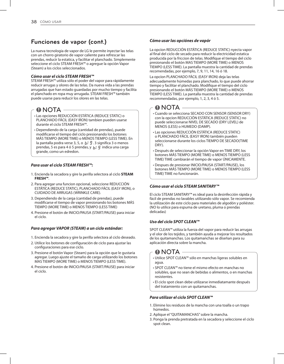 Nota, Funciones de vapor (cont.) | LG DLGX8001V User Manual | Page 86 / 100