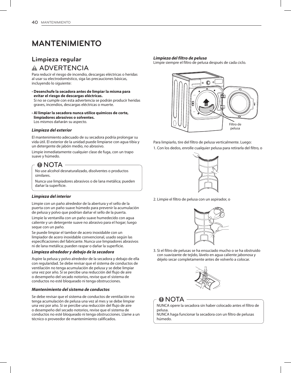 Mantenimiento, Advertencia, Nota | Limpieza regular | LG DLGX8001V User Manual | Page 88 / 100