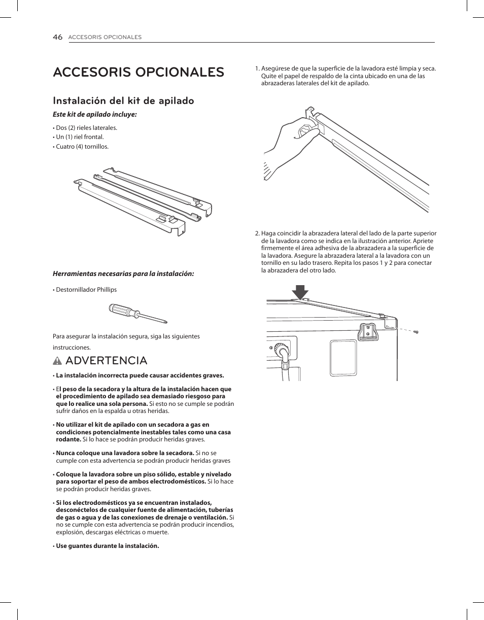 Accesoris opcionales, Advertencia, Instalación del kit de apilado | LG DLGX8001V User Manual | Page 94 / 100