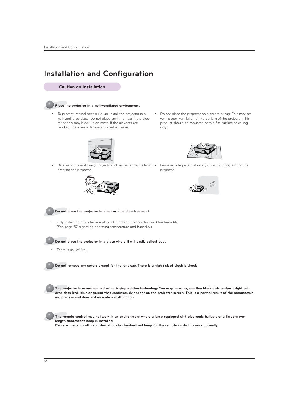 Installation and configuration, Caution on installation | LG CF3DAT User Manual | Page 14 / 60