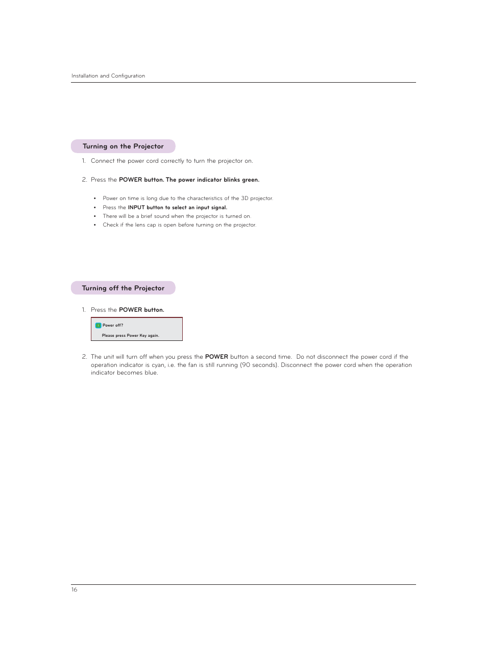 Turning on the projector, Turning off the projector | LG CF3DAT User Manual | Page 16 / 60
