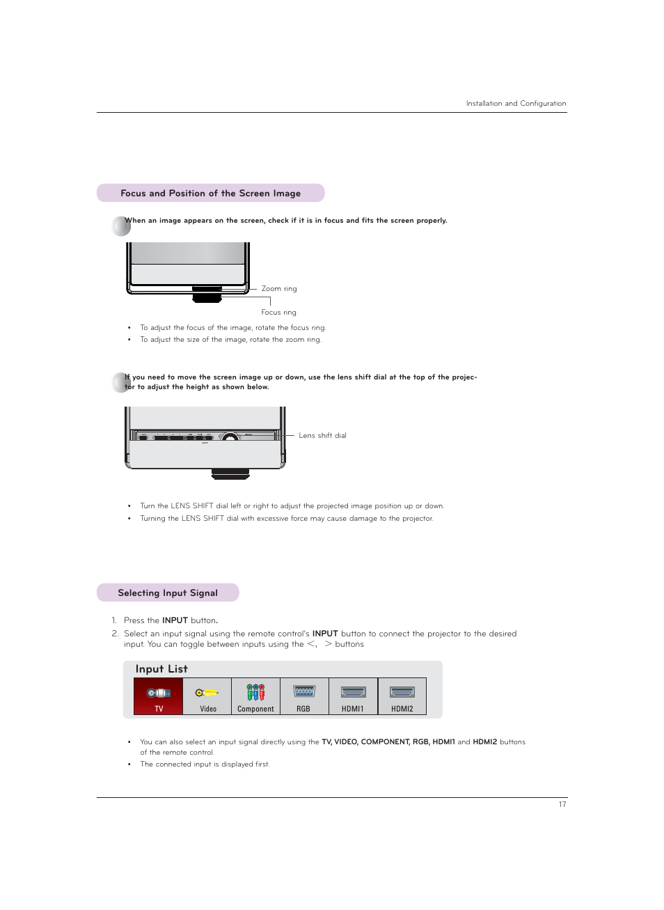 Focus and position of the screen image, Selecting input signal, Input list | LG CF3DAT User Manual | Page 17 / 60