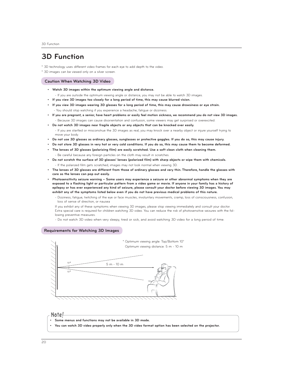 3d function, Caution when watching 3d vide | LG CF3DAT User Manual | Page 20 / 60