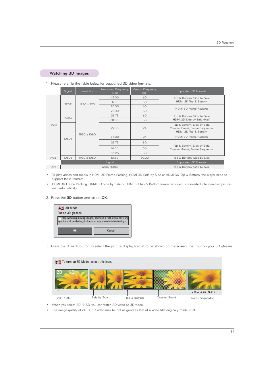 Watching 3d images, 2d → 3d | LG CF3DAT User Manual | Page 21 / 60