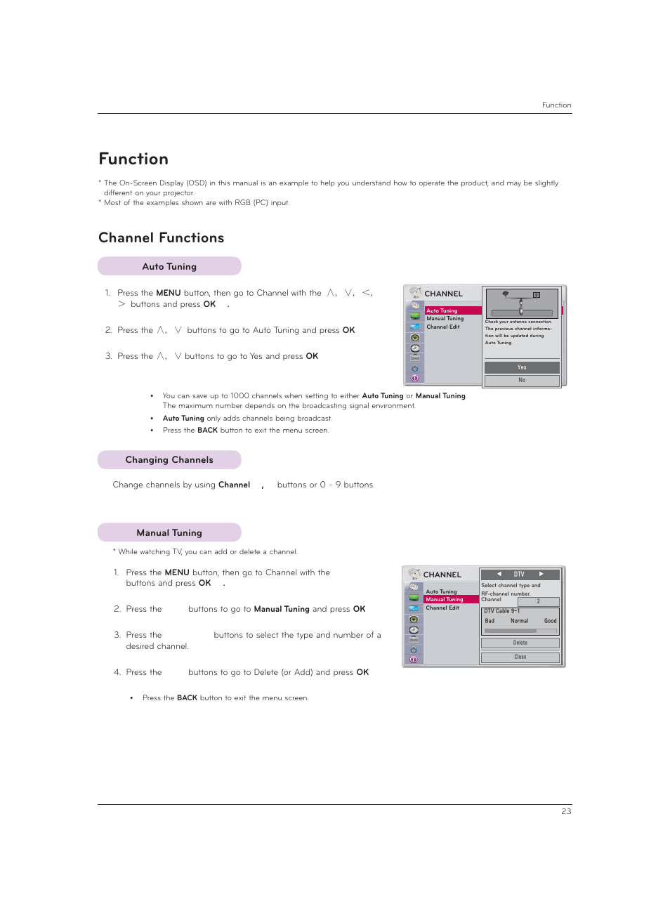Function, Channel functions, Auto tuning | Changing channels, Manual tuning | LG CF3DAT User Manual | Page 23 / 60