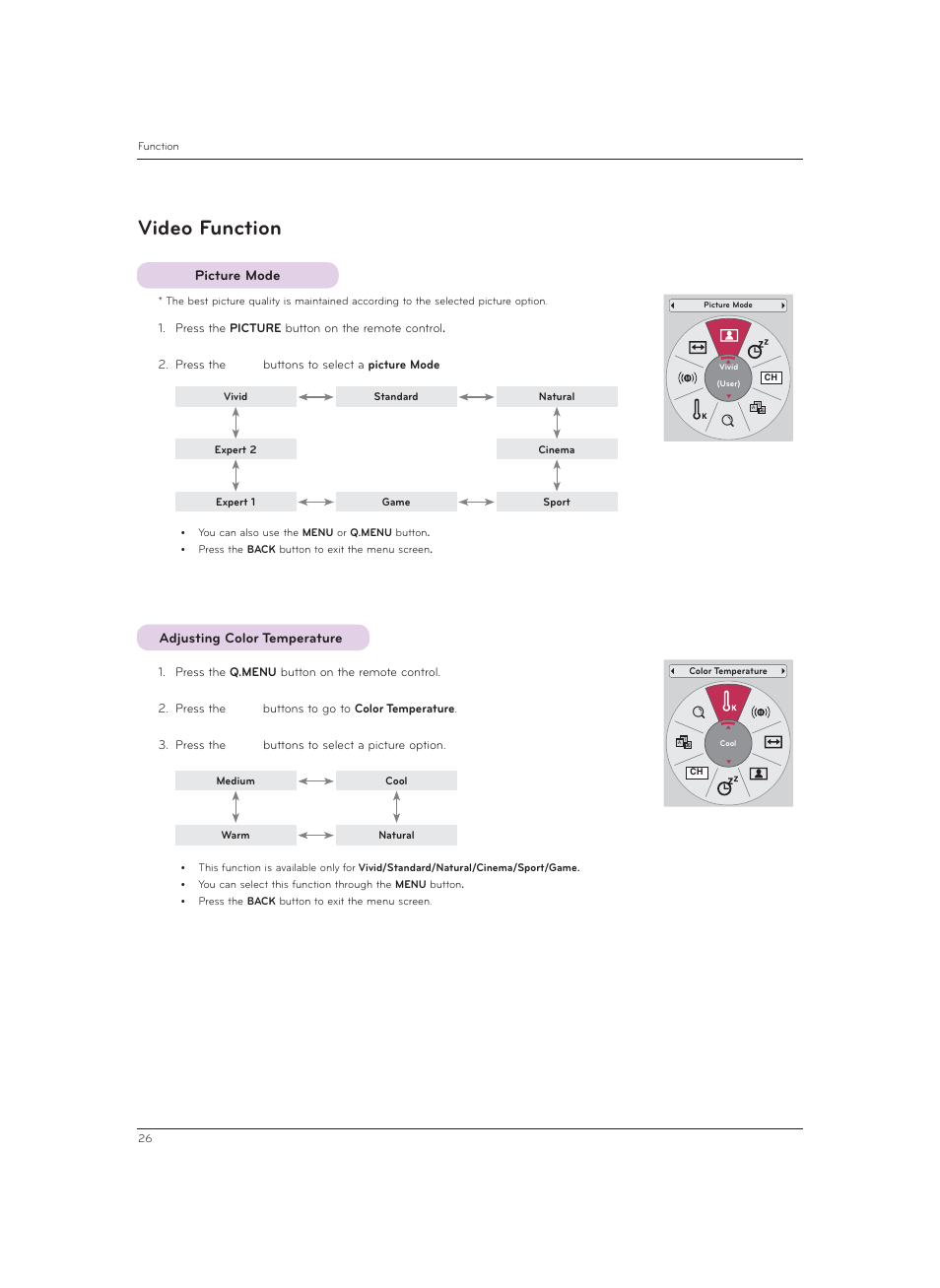 Video function, Picture mode, Adjusting color temperature | LG CF3DAT User Manual | Page 26 / 60