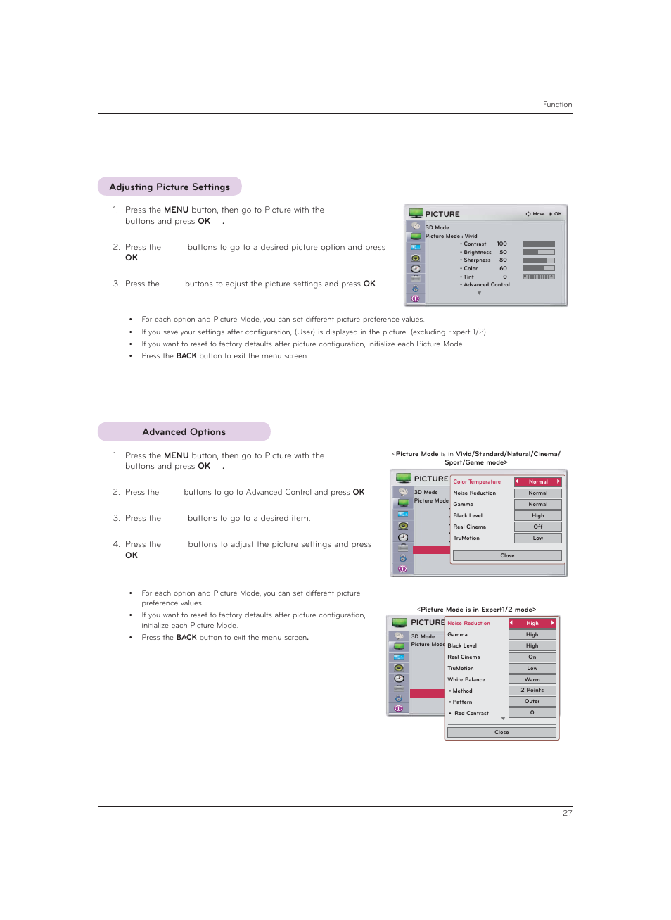 Adjusting picture settings, Advanced options | LG CF3DAT User Manual | Page 27 / 60