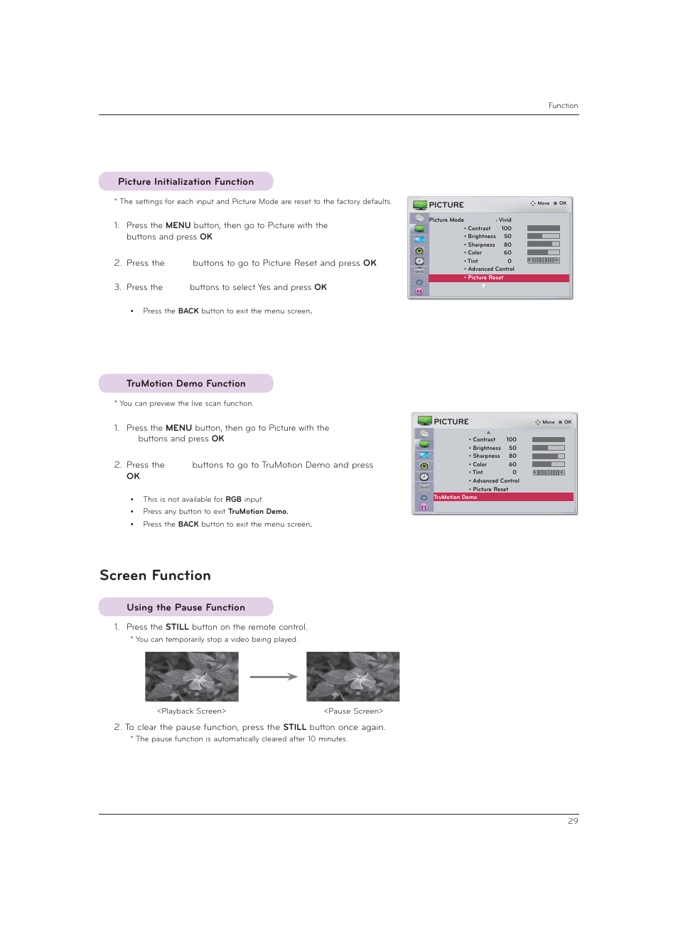 Picture initialization function, Trumotion demo function, Screen function | Using the pause function | LG CF3DAT User Manual | Page 29 / 60