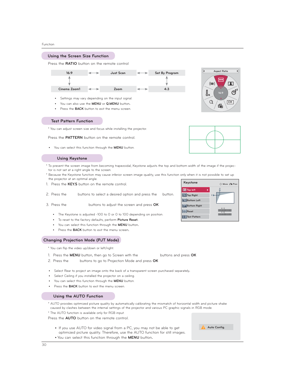 Using the screen size function, Test pattern function, Using keystone | Changing projection mode (pjt mode), Using the auto function | LG CF3DAT User Manual | Page 30 / 60