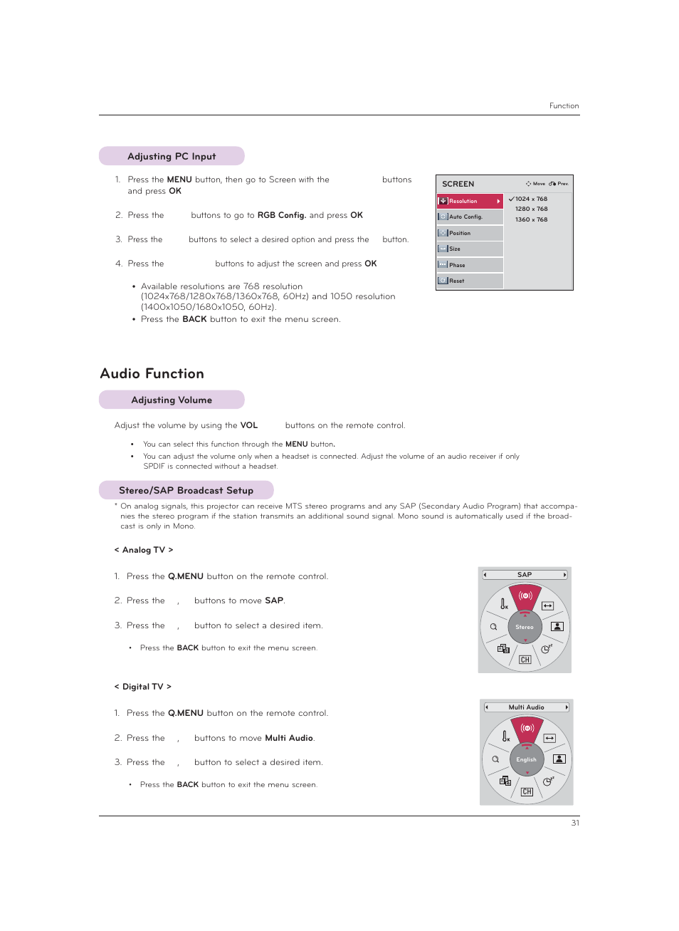 Adjusting pc input, Audio function, Adjusting volume | Stereo/sap broadcast setup | LG CF3DAT User Manual | Page 31 / 60