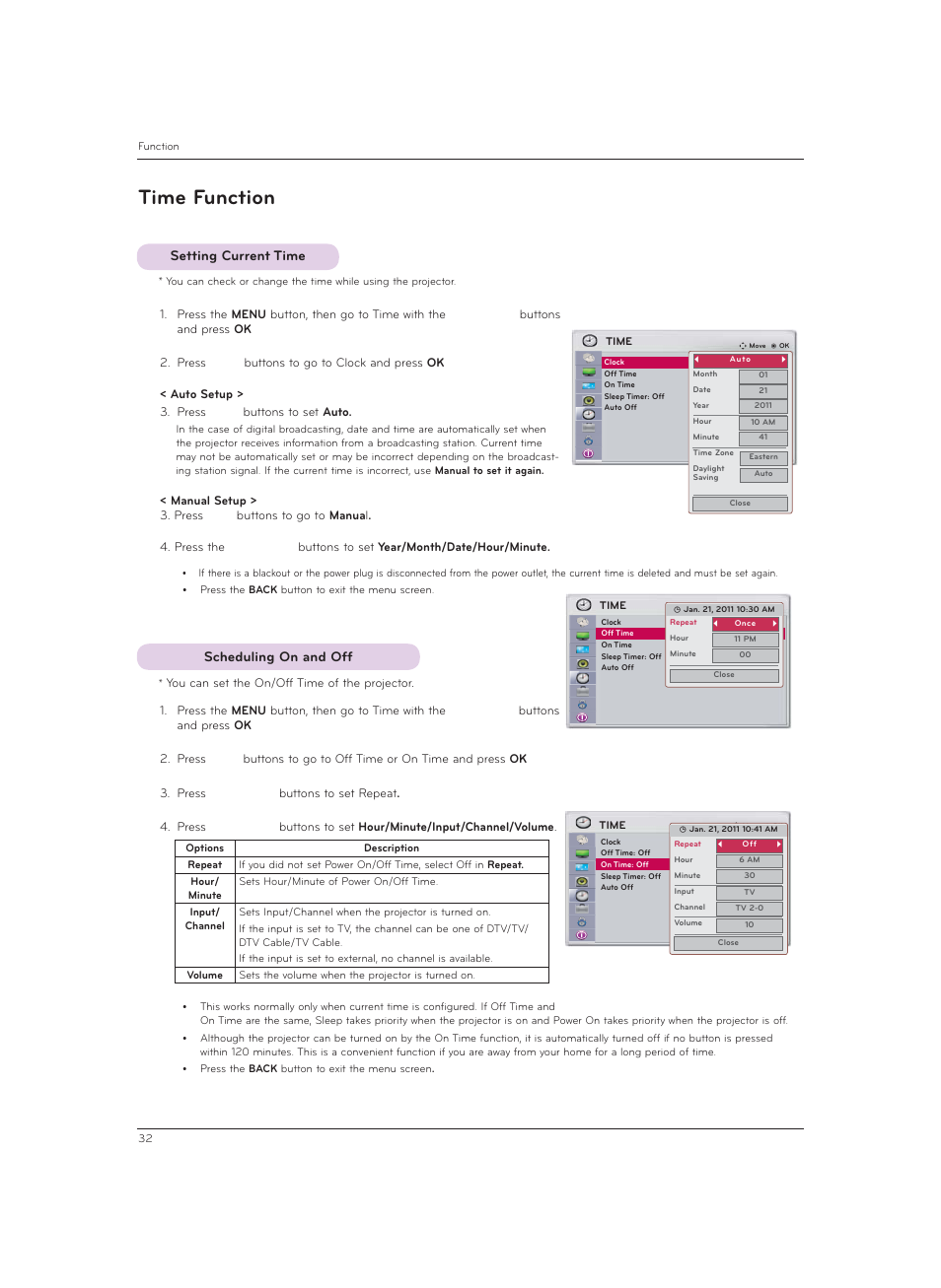 Time function, Setting current time, Scheduling on and off | LG CF3DAT User Manual | Page 32 / 60