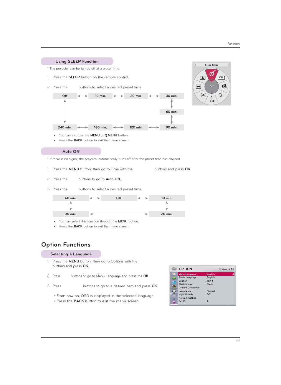 Using sleep function, Auto off, Option functions | Selecting a language | LG CF3DAT User Manual | Page 33 / 60