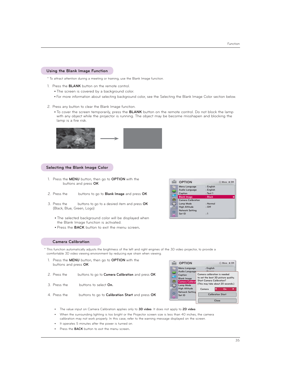 Using the blank image function, Selecting the blank image color, Camera calibration | Selecting the blank image color camera calibration | LG CF3DAT User Manual | Page 35 / 60