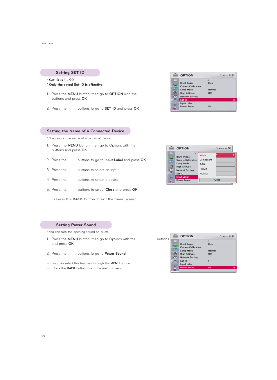 Setting set id, Setting the name of a connected device, Setting power sound | LG CF3DAT User Manual | Page 38 / 60
