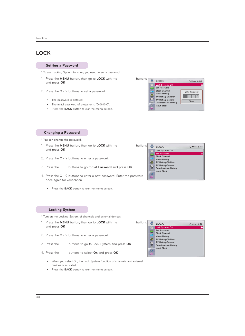 Lock, Setting a password, Changing a password | Locking system | LG CF3DAT User Manual | Page 40 / 60