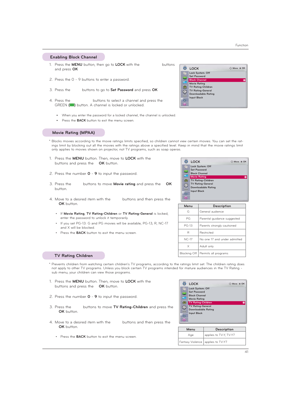 Enabling block channel, Movie rating (mpaa), Tv rating children | LG CF3DAT User Manual | Page 41 / 60