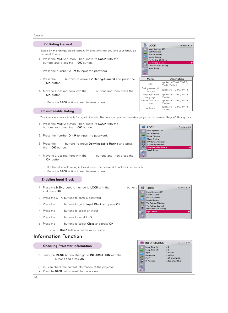 Tv rating general, Downloadable rating, Enabling input block | Information function, Checking projector information | LG CF3DAT User Manual | Page 42 / 60