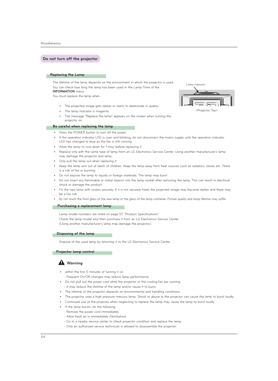 Do not turn off the projector | LG CF3DAT User Manual | Page 54 / 60