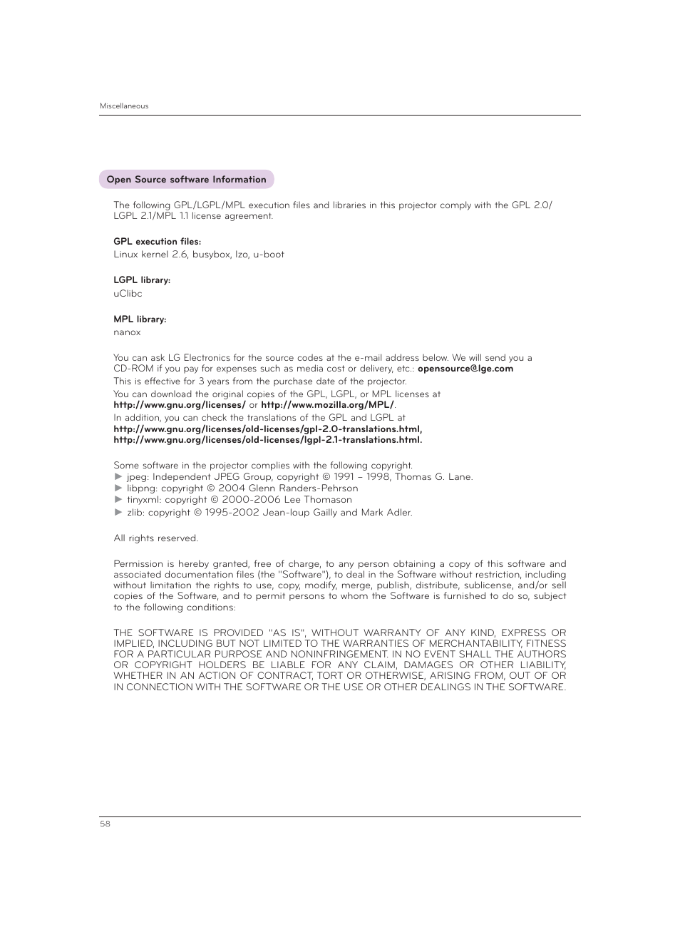 Open source software information | LG CF3DAT User Manual | Page 58 / 60