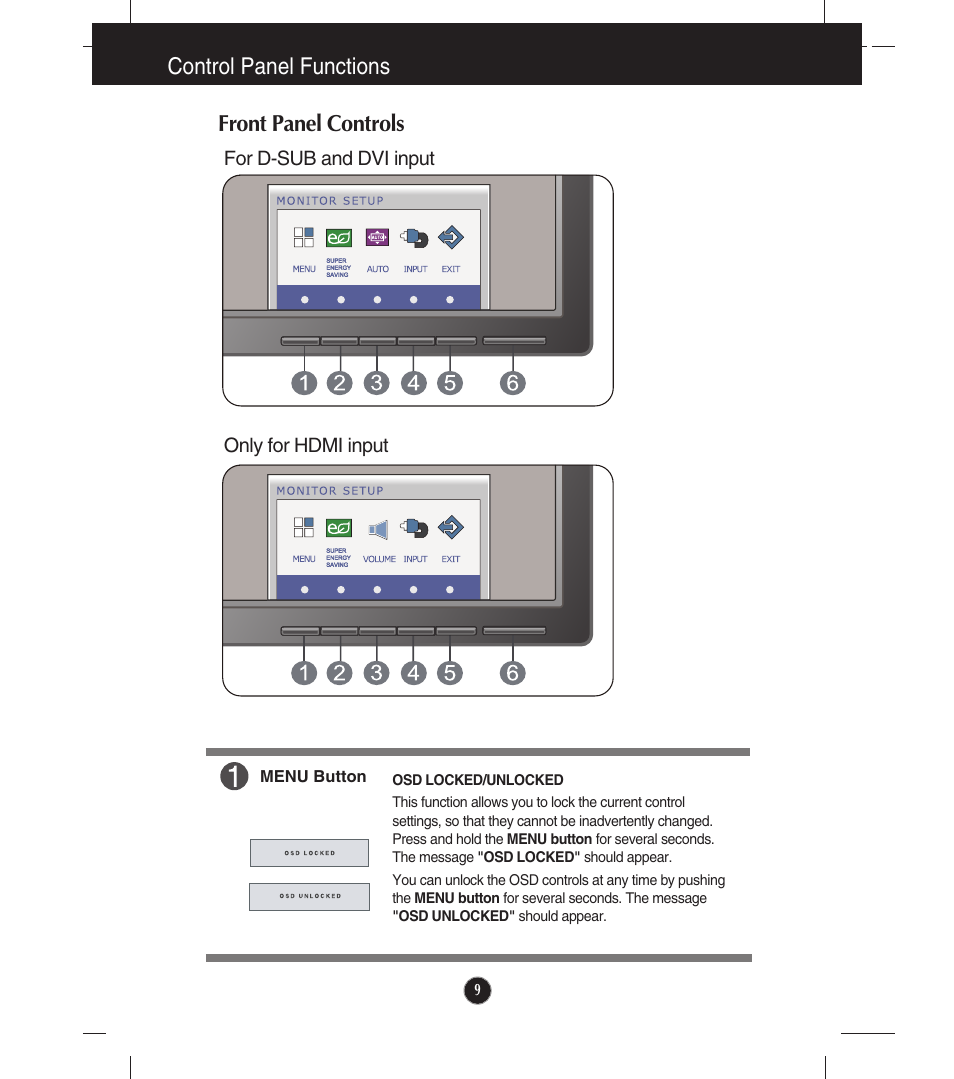 Control panel functions, Front panel controls, Control panel functions front panel controls | LG E2341VG-BN User Manual | Page 10 / 29