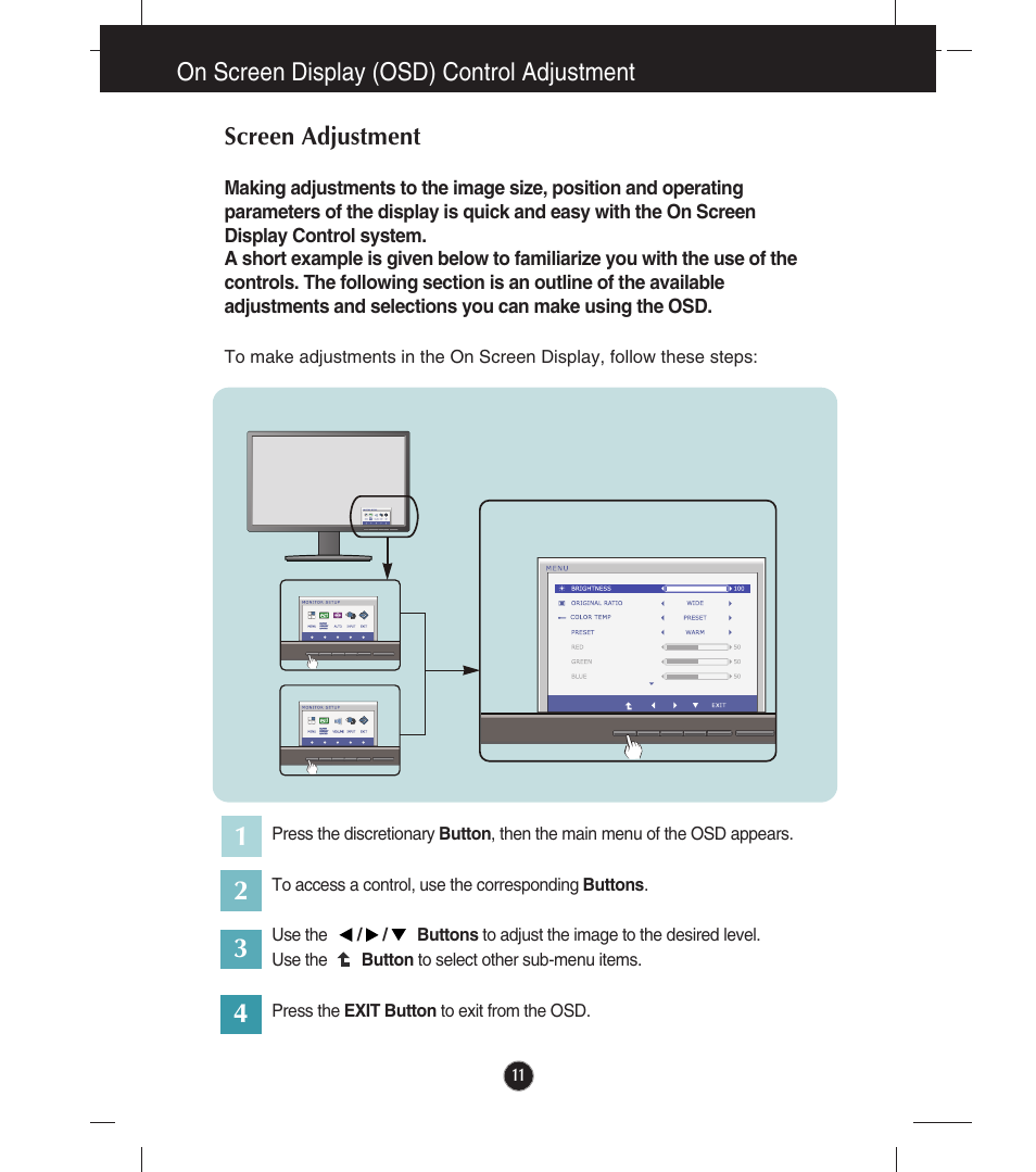 On screen display (osd) control adjustment, Screen adjustment | LG E2341VG-BN User Manual | Page 12 / 29