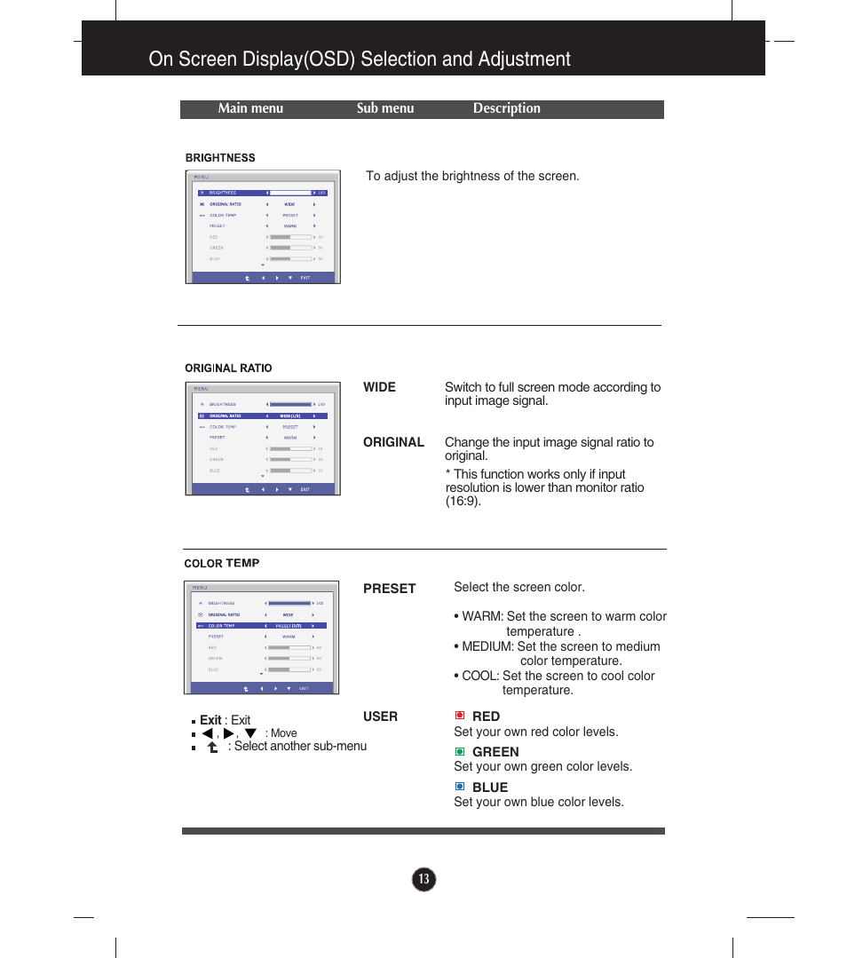 Brightness, Original ratio, Color temp | On screen display(osd) selection and adjustment | LG E2341VG-BN User Manual | Page 14 / 29