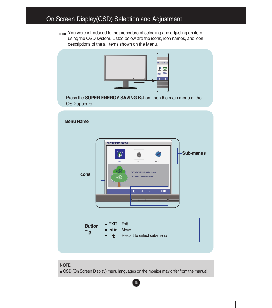 Super energy saving, On screen display(osd) selection and adjustment | LG E2341VG-BN User Manual | Page 16 / 29