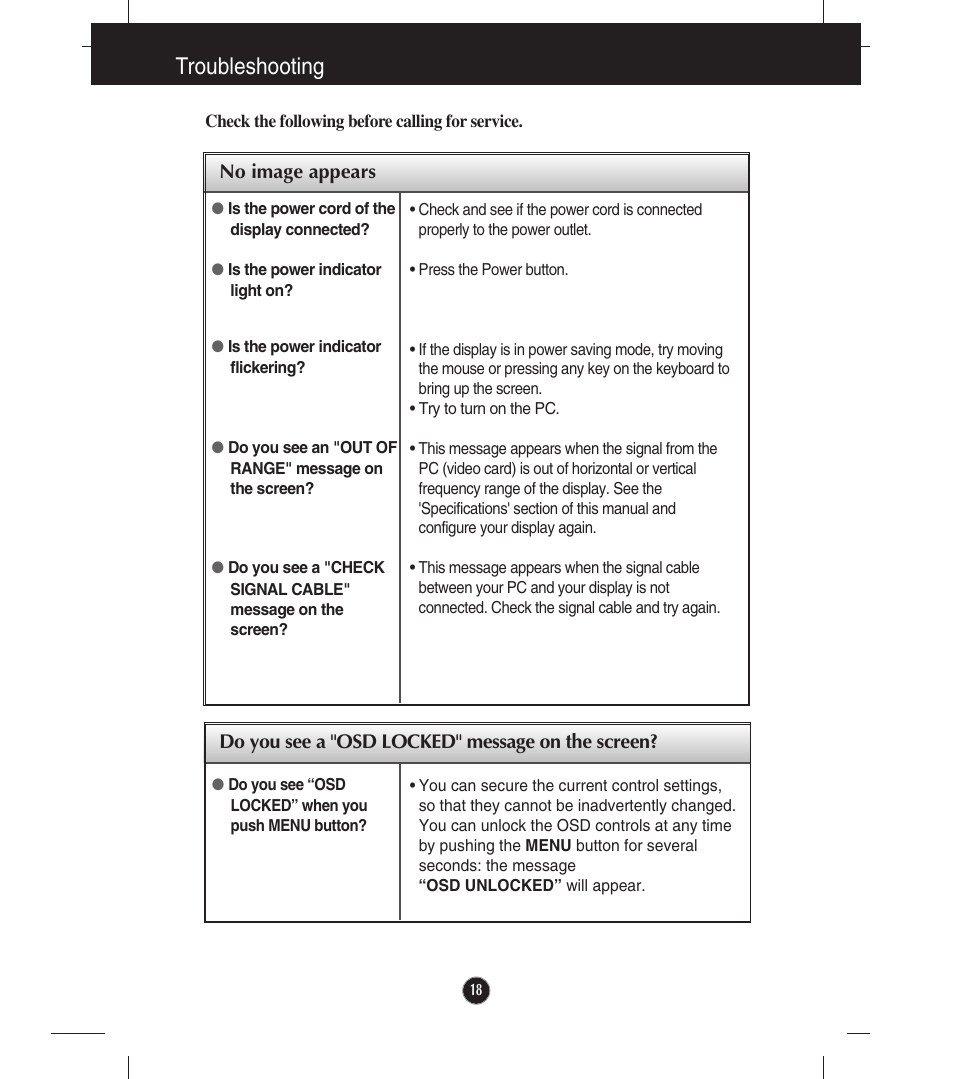 Troubleshooting, No image appears, Do you see a "osd locked" message on the screen | LG E2341VG-BN User Manual | Page 19 / 29