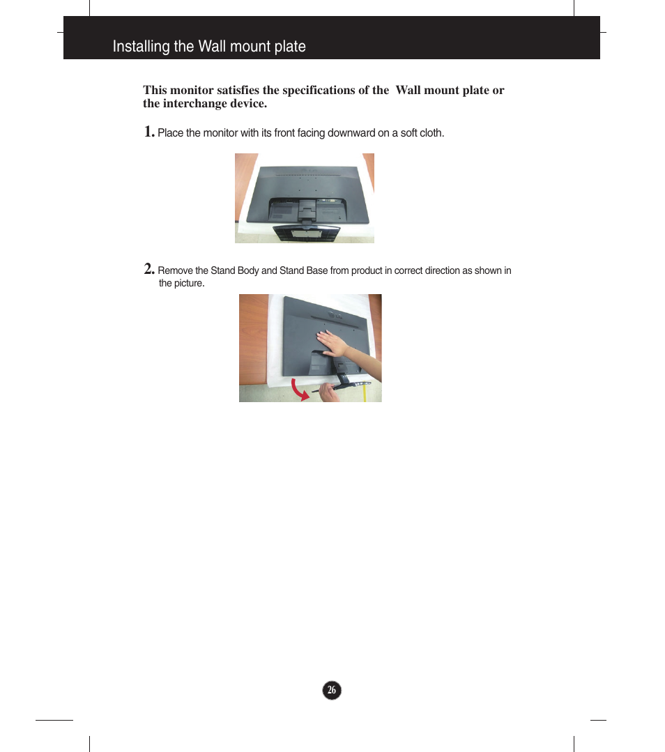 Installing the wall mount plate | LG E2341VG-BN User Manual | Page 27 / 29