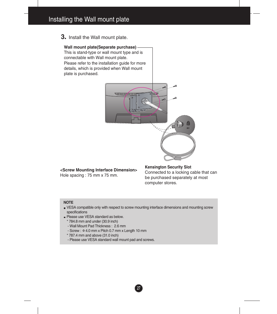 Installing the wall mount plate | LG E2341VG-BN User Manual | Page 28 / 29