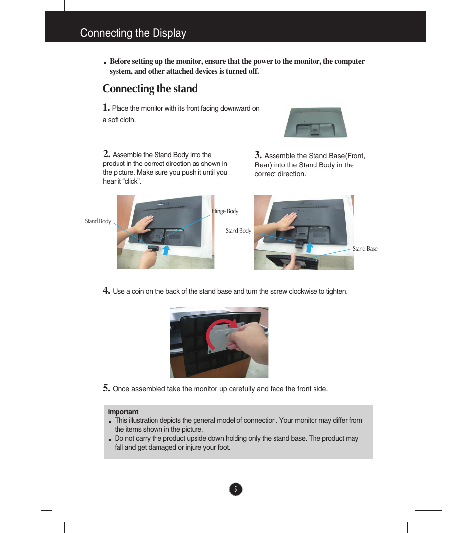 Connecting the display, Connecting the stand | LG E2341VG-BN User Manual | Page 6 / 29